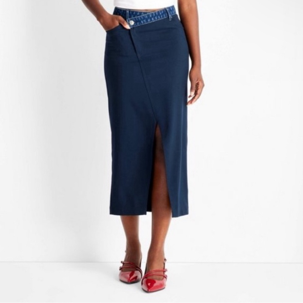 Future Collective Women's Contrasting Denim Ankle Skirt Navy Blue Size L